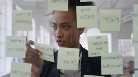 mixed race business woman using sticky notes  brainstorming ideas problem solving with creative mind map planning strategy in office working on solution