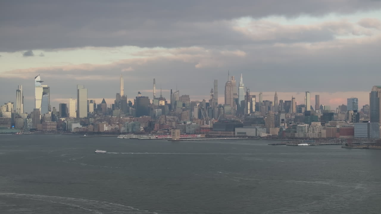 Aerial view of New York City. Shot along the Hudson River in New York City.