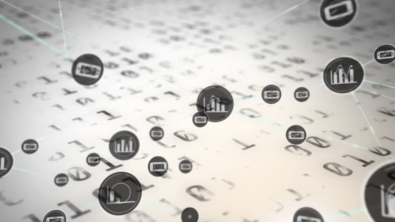 animación de iconos digitales sobre codificación binaria en fondo blanco