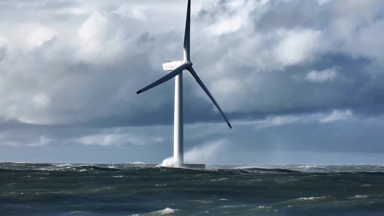 Stationære vindmøller i et roligt hav med en overskyet himmel, set fra siden, der viser en industriel baggrund med vedvarende energi. Scenen har rene og moderne designelementer.