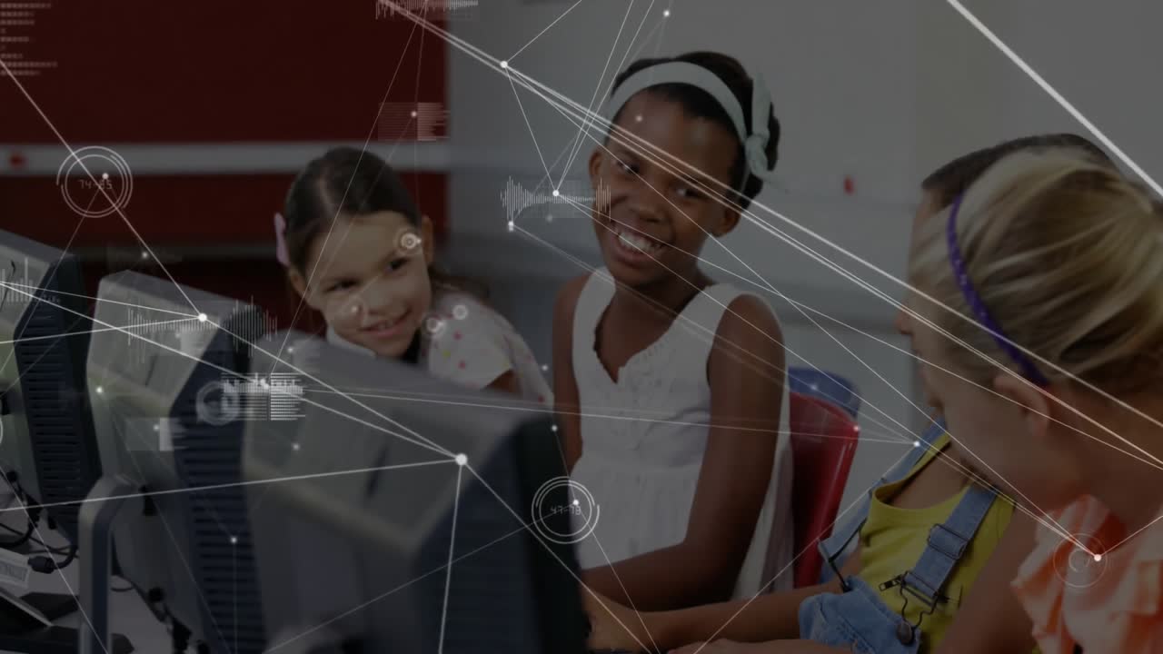 four students watching PCs, girl pointing, typing with floating nodes showing network