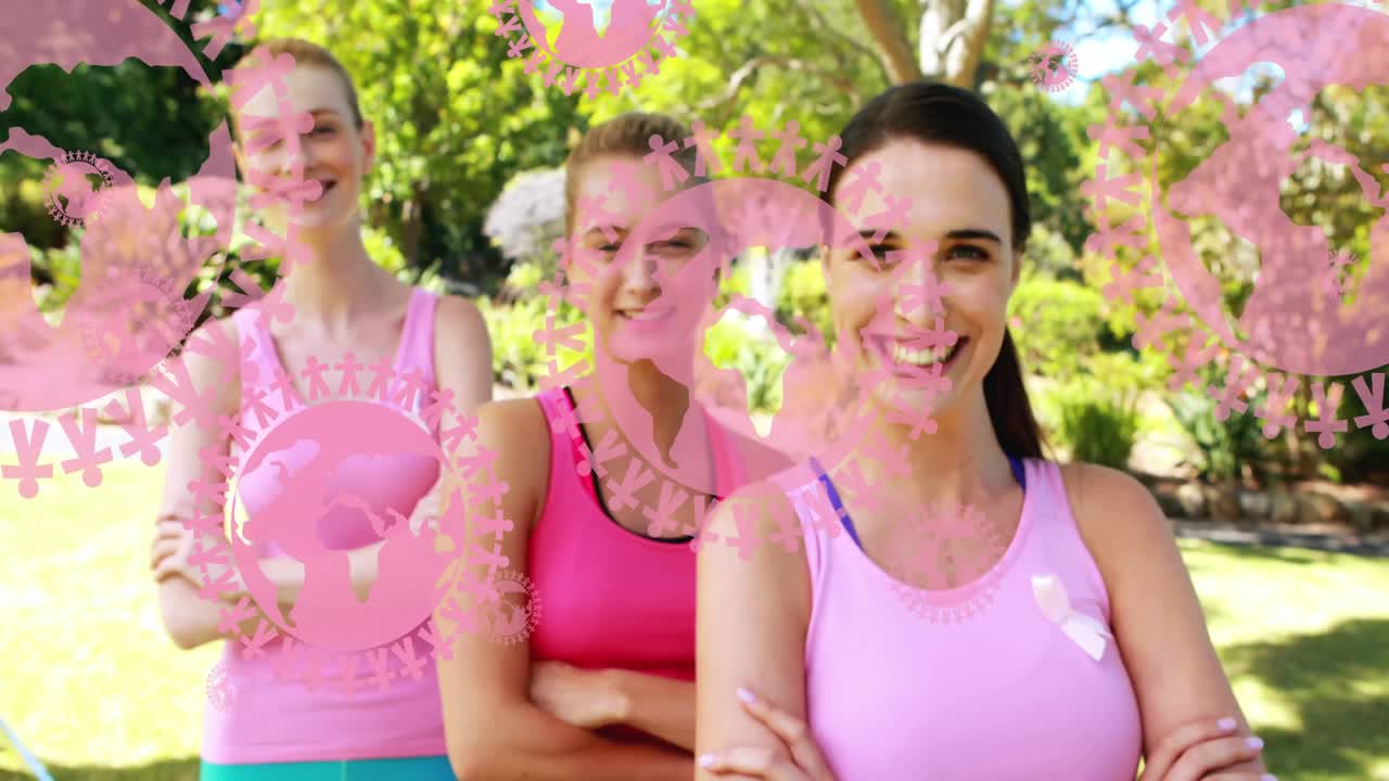 Animación de logos de globo rosa y personas, flotando sobre tres mujeres felices y sonrientes en un parque soleado