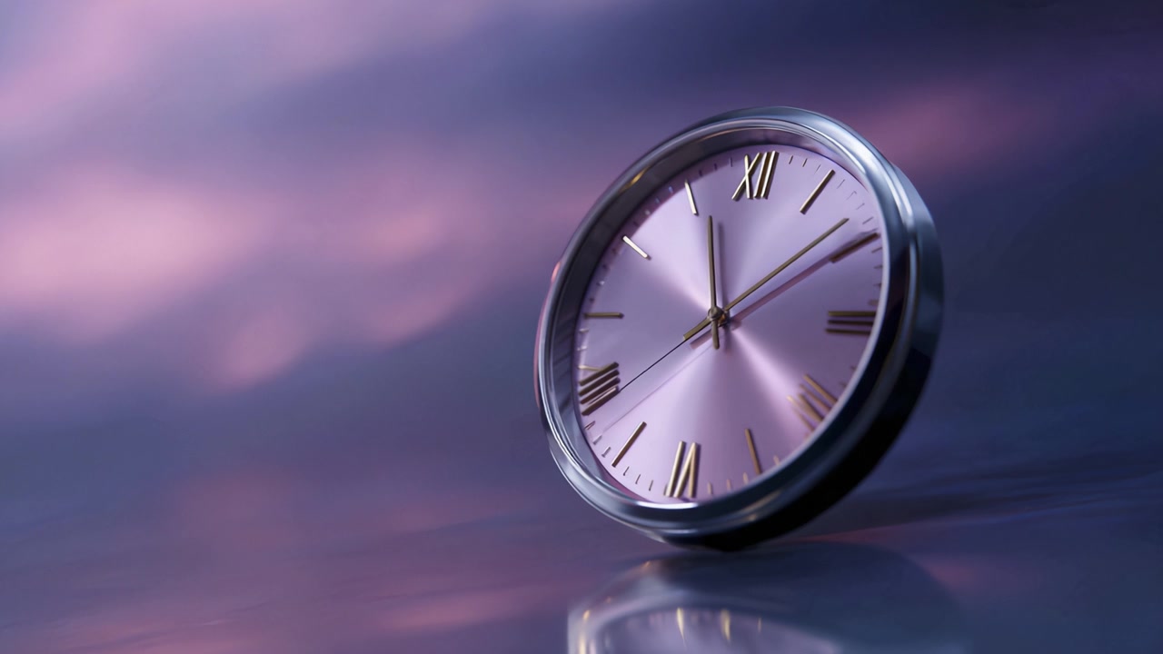 An elegant and sophisticated close-up of a round clock with Roman numerals, showcasing its reflective surface and vibrant purple background at twilight.