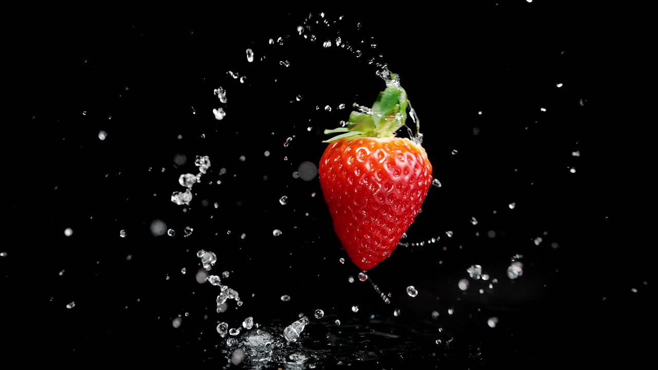 fresa con un tallo cae en el agua, rebota, y gira, salpicando en macro y cámara lenta