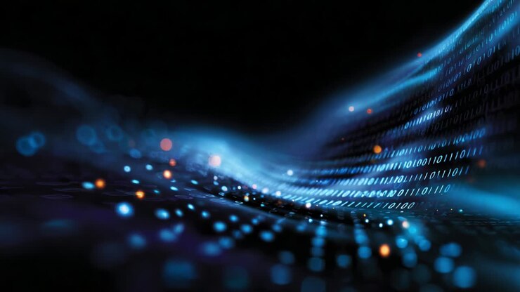 A Glowing Wave of Digital Data: Exploring the Flow of Binary Code and Light in a Futuristic Network Visualization, Where Smooth Curves and Bright Dots Create an Engaging and Dynamic Visual Experience