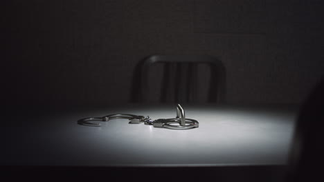 medium tracking shot of a pair of handcuffs on a table in an interrogation room