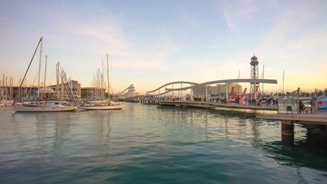 spain barcelona sunset sky port bridge rambla del mar panorama 4k time lapse