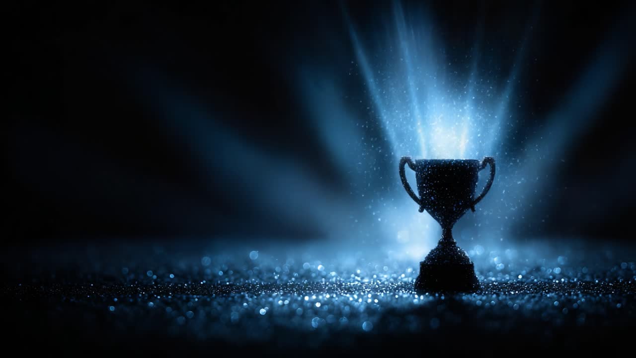 A Majestic Trophy Illuminated by a Halo of Light and Sparkles, Symbolizing Achievement and Celebration in a Dark, Enigmatic Atmosphere
