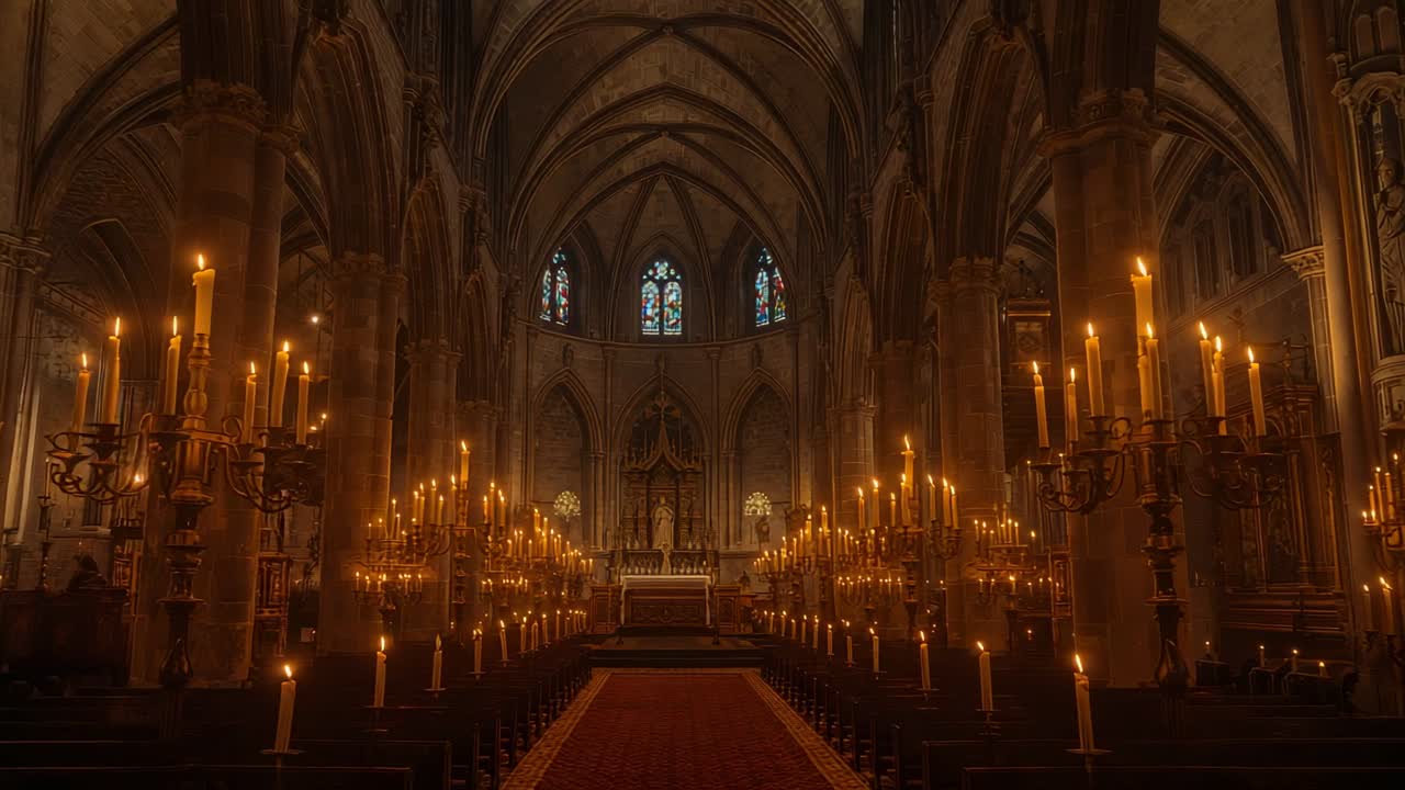 Wide view causing camera pushing forward down cathedral aisle with candelabras flickering flames