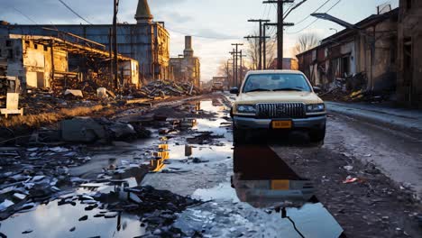 flooded street and old vehicle in abandoned industrial area at sunset