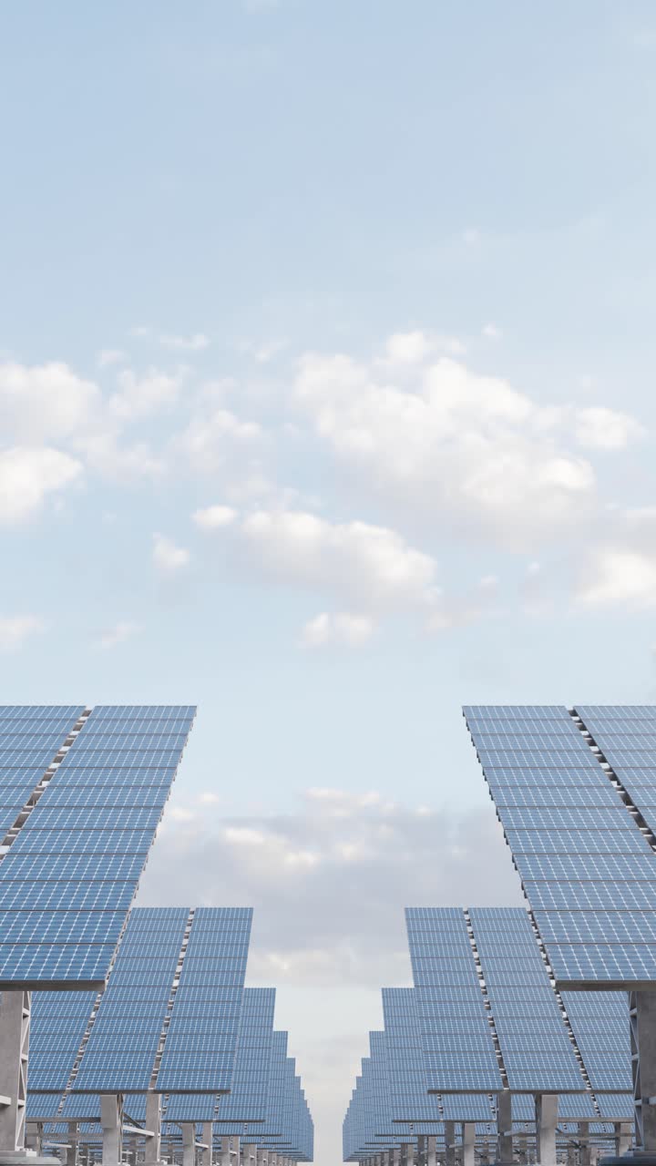 Solar panels rotating and following sun movement. Vertical animation