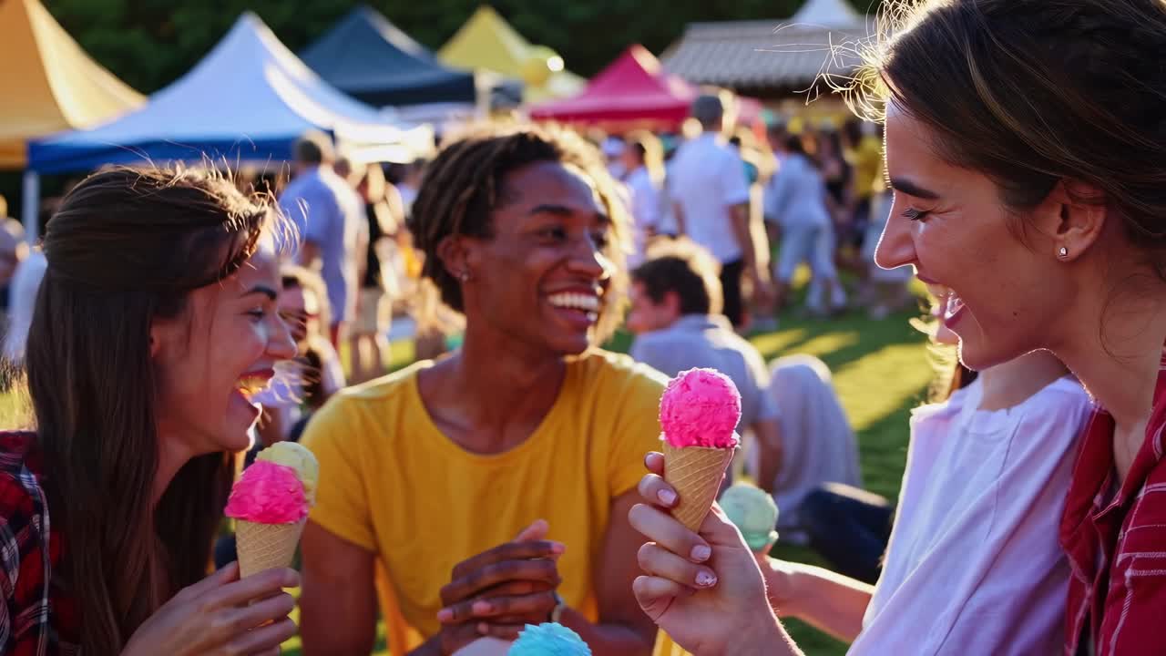 Scena vivace di mercato all'aperto, catturata all'altezza degli occhi, che mostra bancarelle animate e persone che si godono il momento.