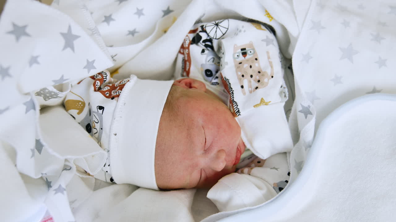 Angelic newborn baby sleeping peacefully in the blankets. Adorable Caucasian infant lying his head to camera.