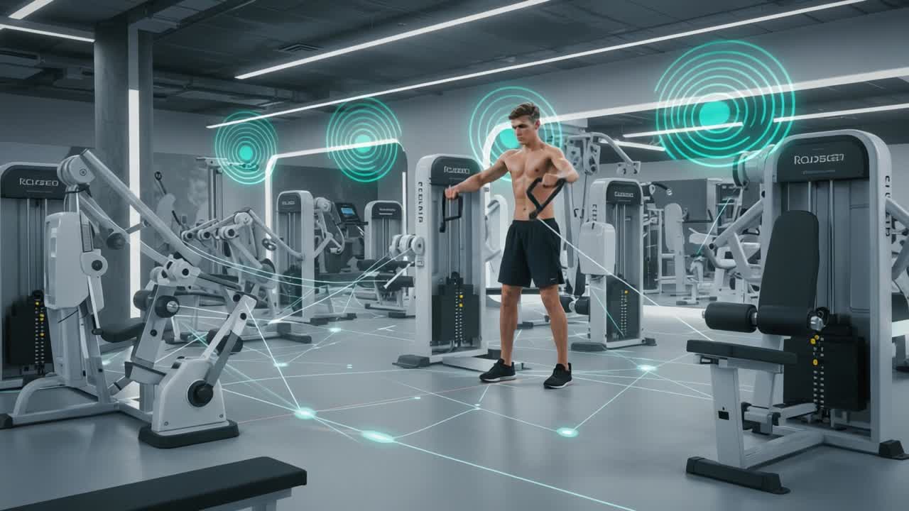 Innovative Gym Workout with Advanced Technology: A Fitness Enthusiast Engaging in Resistance Training in a Modern, High-Tech Gym Environment
