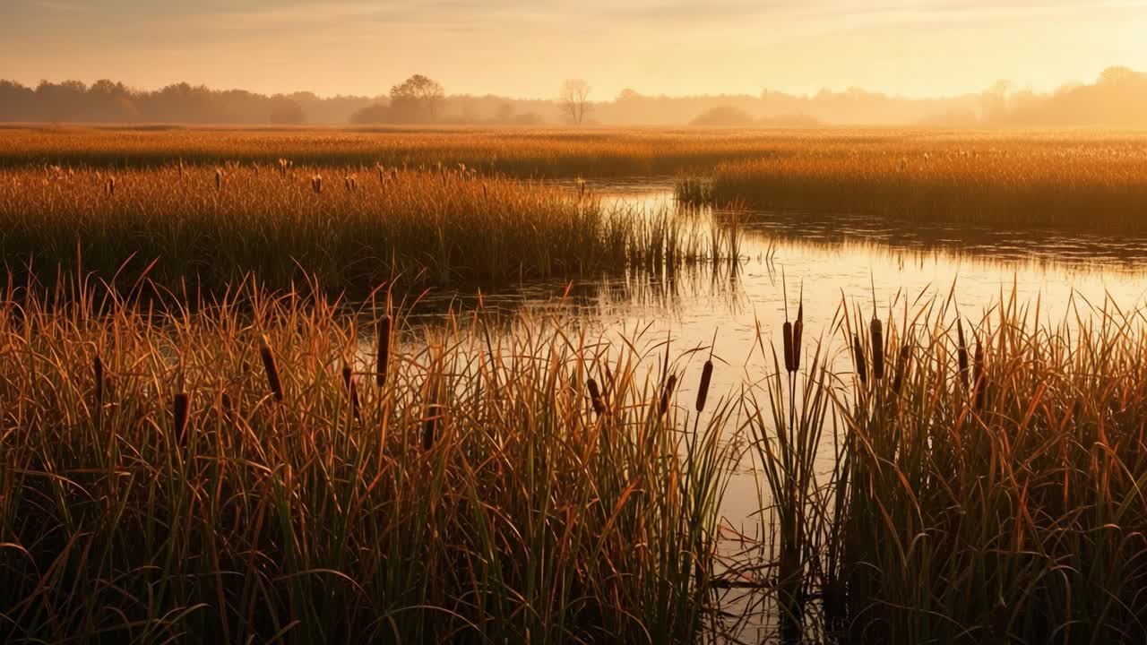 Serene Sunrise Reflection Over Marshlands: A Tranquil Scene of Golden Reeds and Calm Waters Captured in Early Morning Light