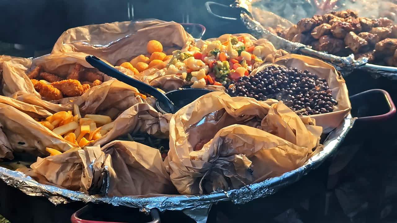 A variety of hot party foods, including fries, beans, chicken, and vegetables, served in paper wrappers at an outdoor Latvian country picnic with friends