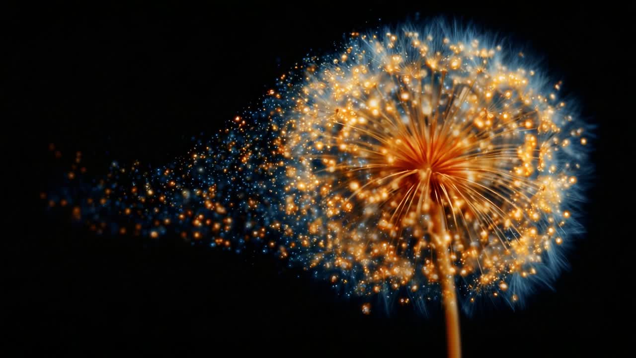 A mesmerizing visual representation of a dandelion transforming into a sparkling explosion of light, showcasing the enchanting beauty of nature mixed with ethereal magic