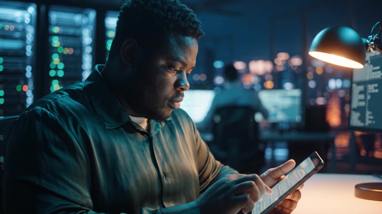 Focused IT Professional Analyzing Data on a Tablet in a Modern Tech Environment with Server Racks and Monitors in the Background during Night Hours