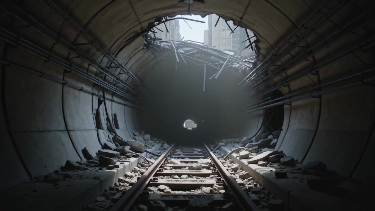 Seeping daylight through collapsed crown illuminating rails and tunnel, revealing rubble and rebar