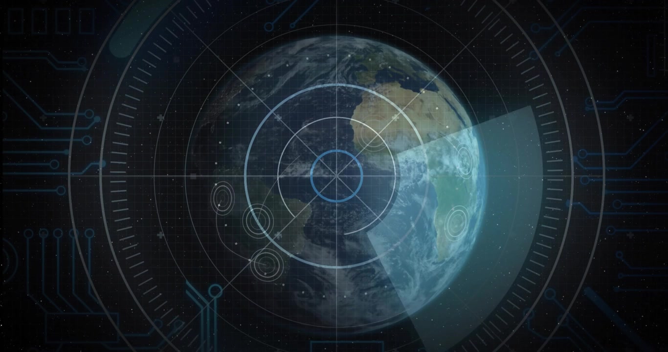 3D globe HUD fading in then scanning wedge rotating while pulsing node icons marking hotspots