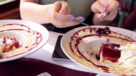 eating dessert in a restaurant.