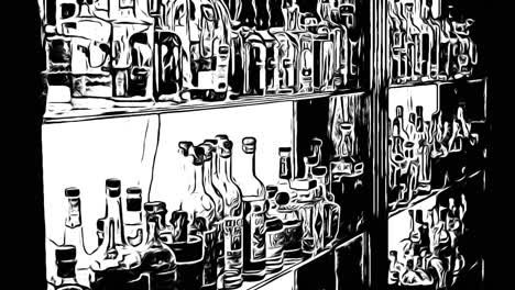 animación en blanco y negro de licor en estante