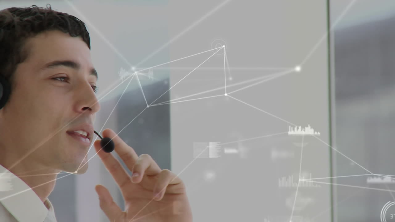 animación de la red de conexiones a través de un hombre de negocios usando auriculares telefónicos