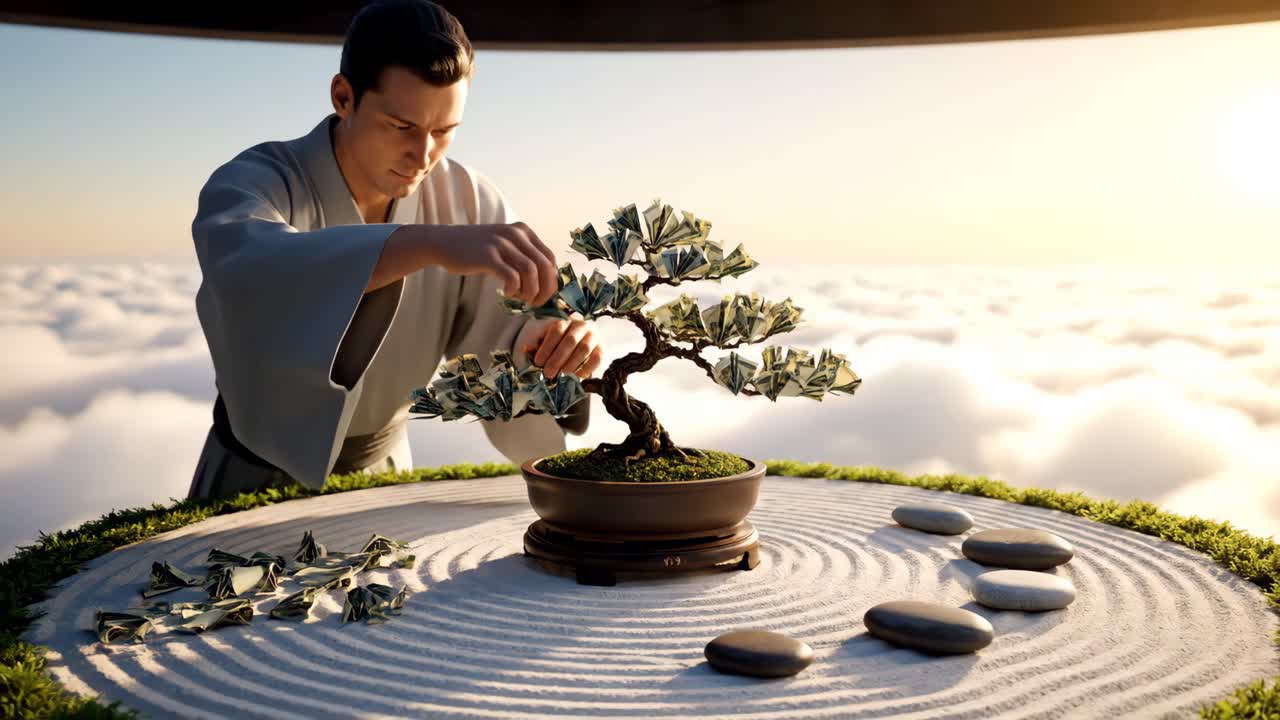 A man tending to a money bonsai tree in a zen garden