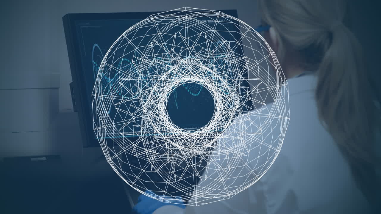 컴퓨터를 이용한 여성 의사 위의 색 원의 애니메이션