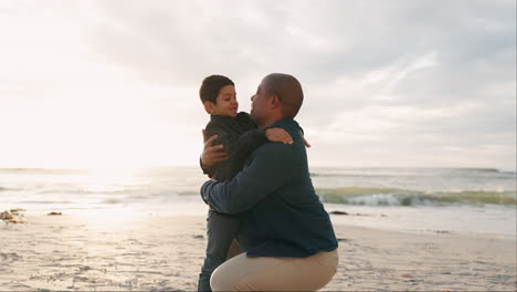 Beach,-holiday-and-father-hug-child-as-love