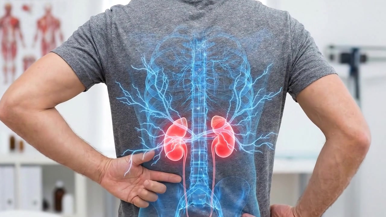 Graphic Overlay Showing Kidneys and Urinary System on Back