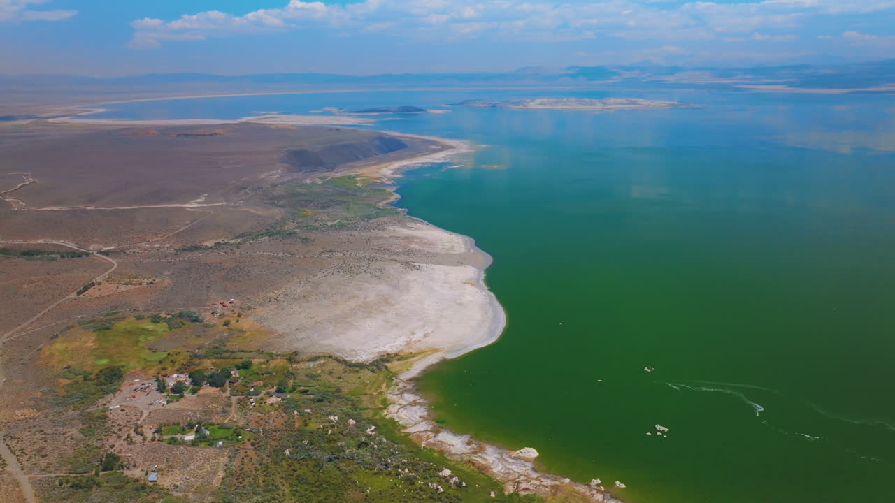 Mono Lake in Mono County, California. Amazing scenery of calm waters of diverse colors from aerial perspective.