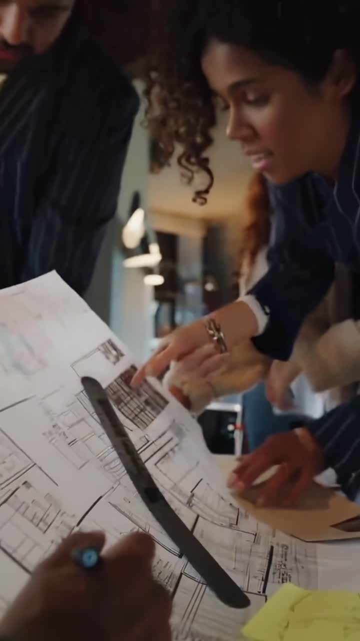 Equipo diverso de arquitectos colaborando en planos en una oficina moderna