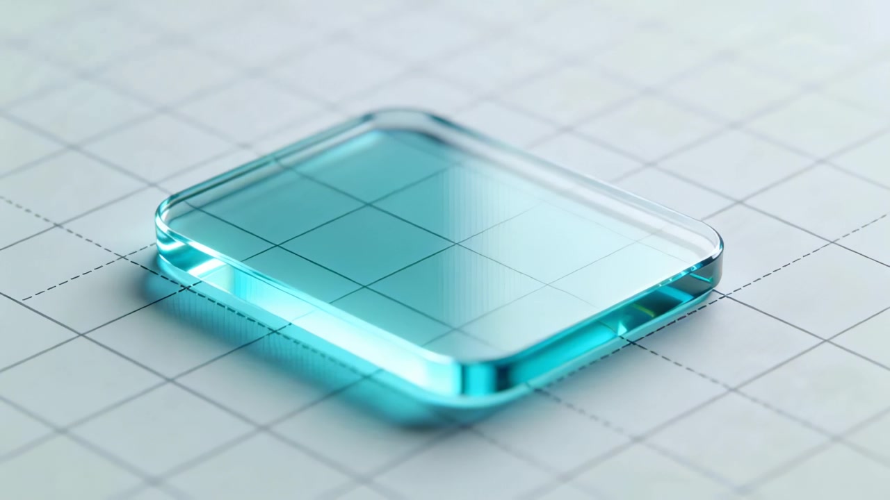 Shifting cyan rounded square tile showing beveled reflection on grid paper, triggered by lighting