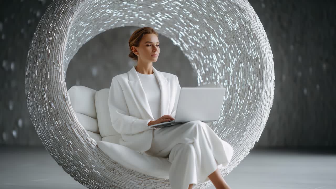 A poised individual in a minimalist setting, elegantly seated in a unique circular chair, engages in work on a laptop, embodying a serene atmosphere of modern professionalism