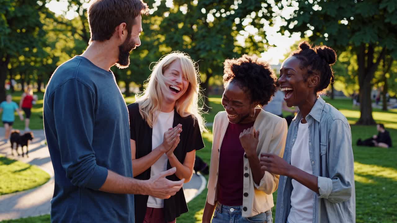A candid video still of four friends laughing in a park, captured from a low angle, highlighting joy
