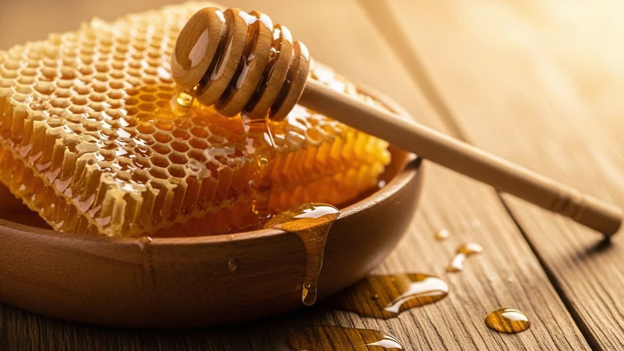 Nido d'ape dorato e miele che cola: uno scorcio della dolcezza della natura immortalato in un ambiente rustico, con la luce naturale che esalta i toni caldi.
