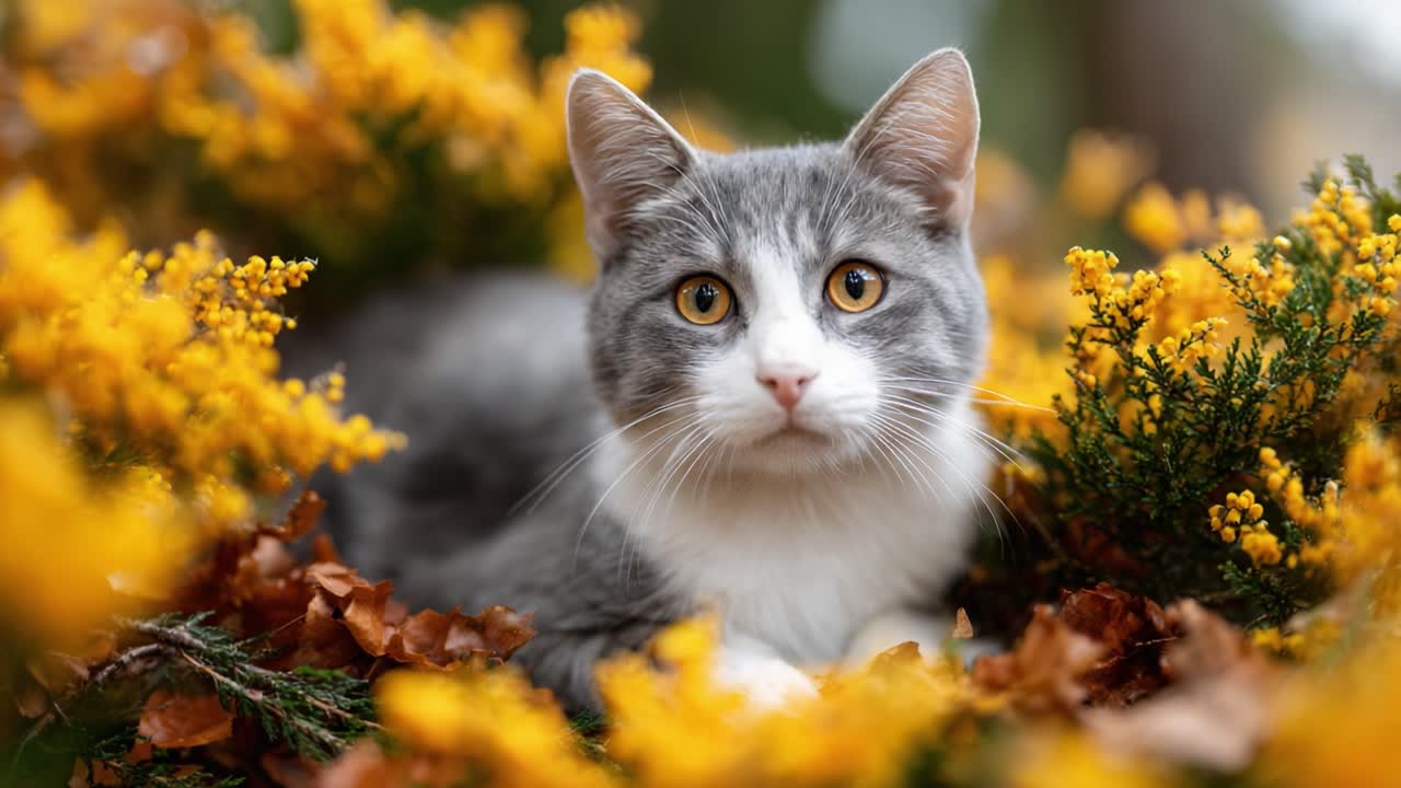 A Beautiful Gray and White Cat Lies Among Vibrant Yellow Flowers, Capturing a Serene Moment in Nature's Splendor