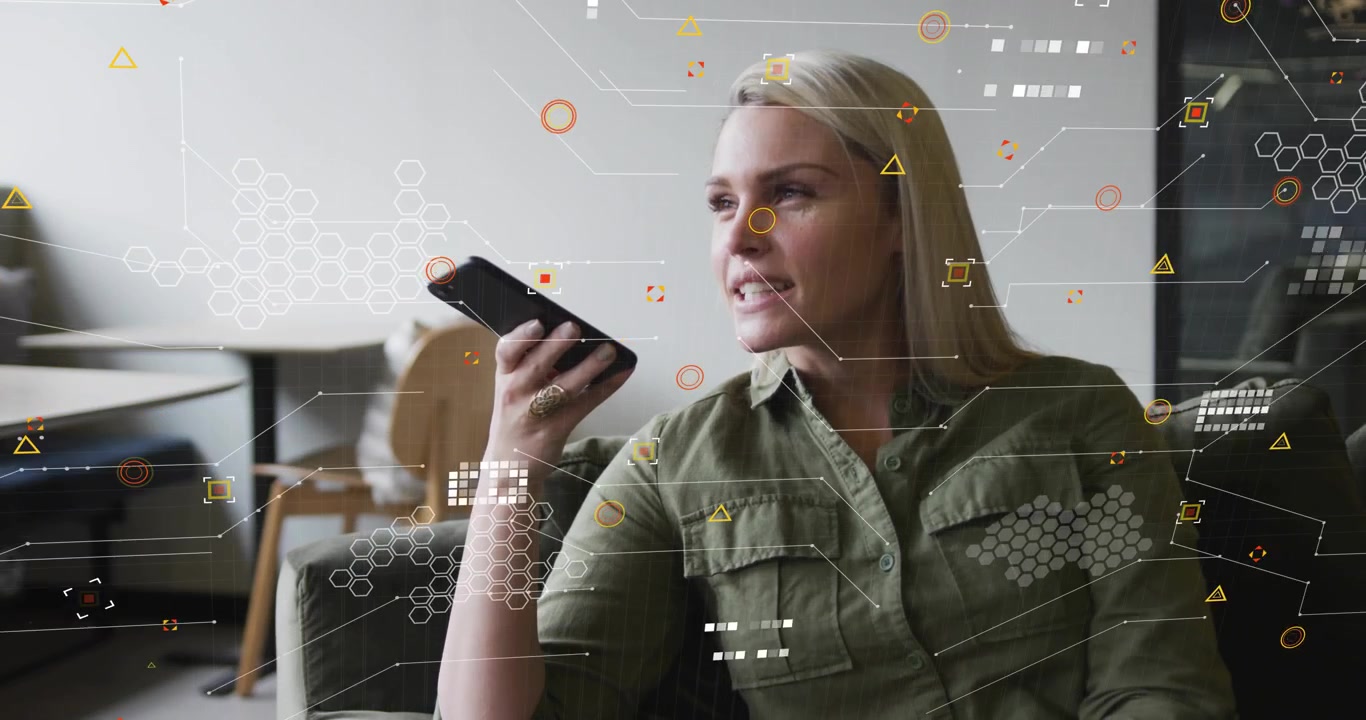 woman speaking into smartphone activating interface overlays for voice recognition pausing resuming