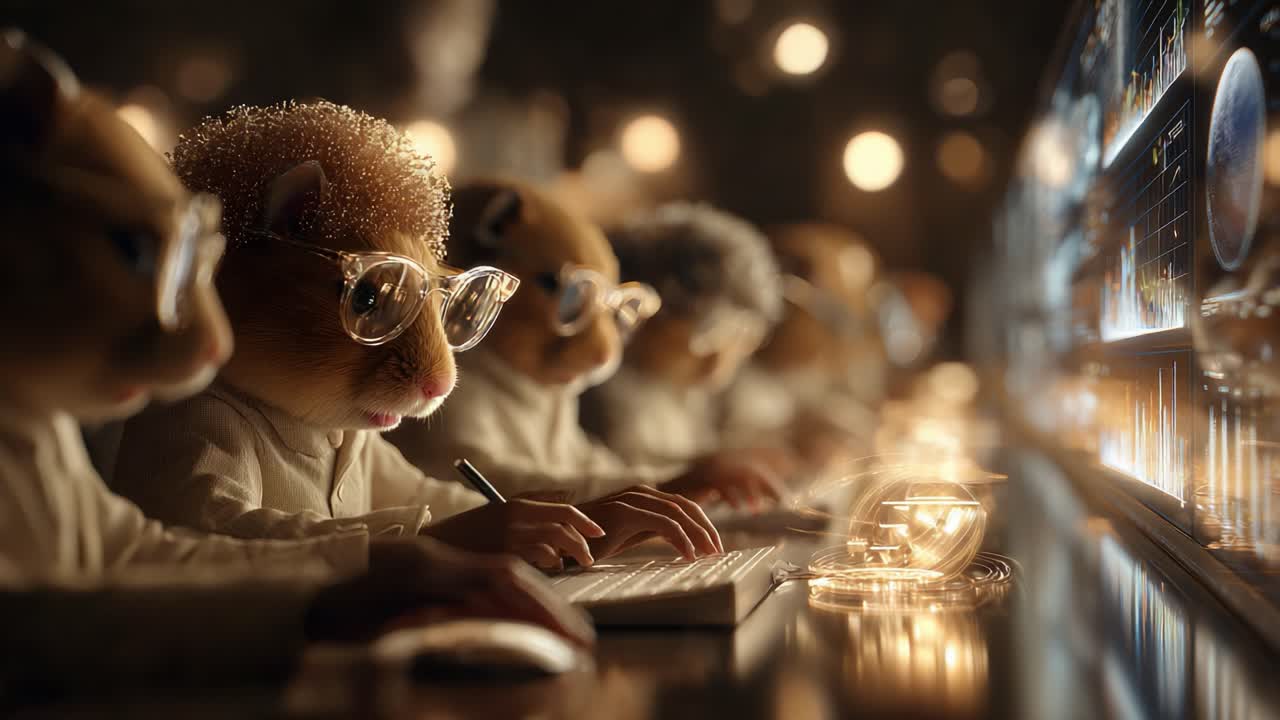 A Unique Gathering of Anthropomorphic Hamsters Engaged in Scientific Research and Data Analysis, Showcasing a Distinctive Blend of Humor and Technology in a Futuristic Setting
