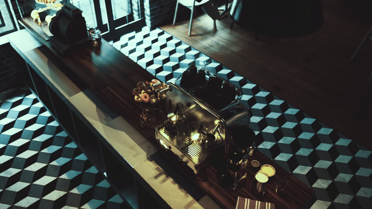 Coffee preparation area in modern cafe showcasing espresso machine and pastries