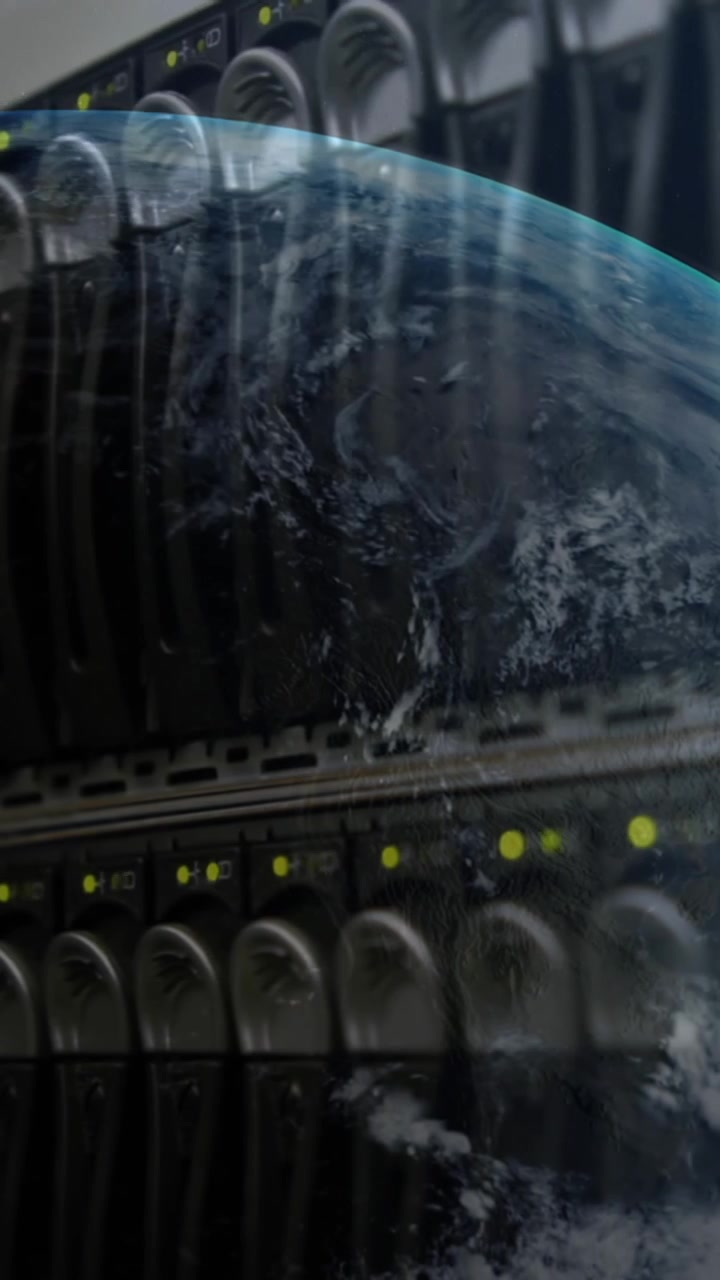 Animation of globe and data processing against close up view of computer server