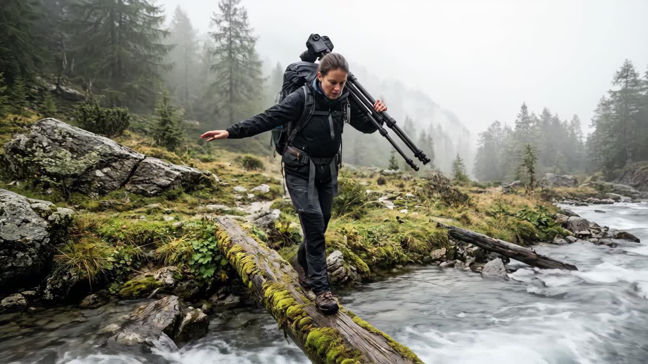 Escursionista che si destreggia su un ponte di legno su un fiume in una foresta nebbiosa