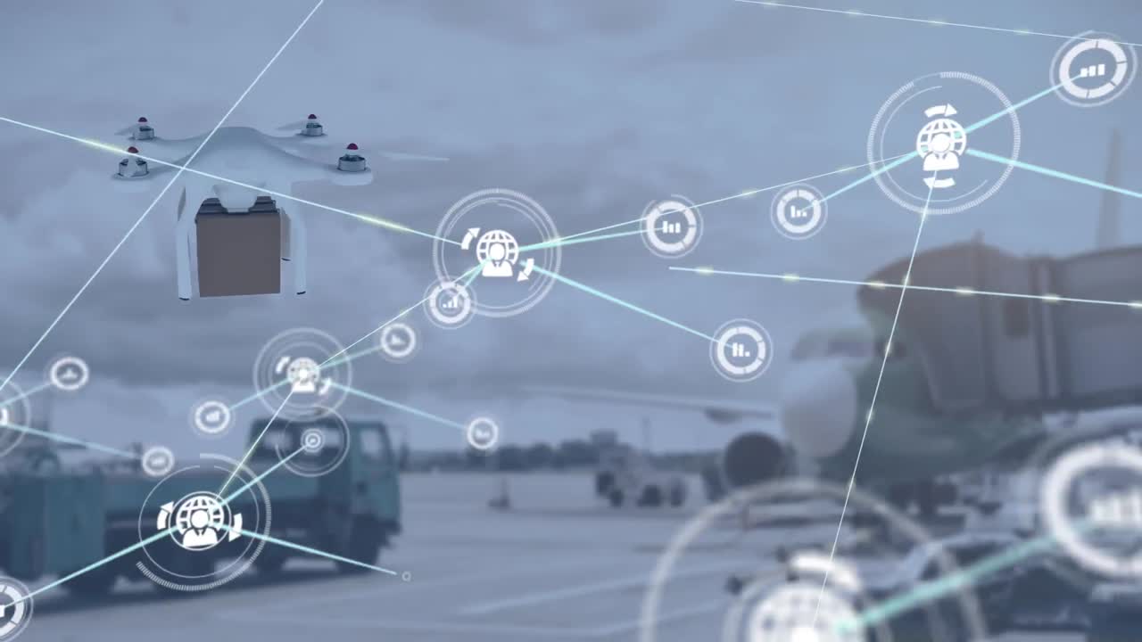 패키지를 운반하는 드론을 통해 아이콘으로 연결된 네트워크의 애니메이션