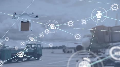animación de la red de conexiones con iconos sobre drones que llevan paquetes