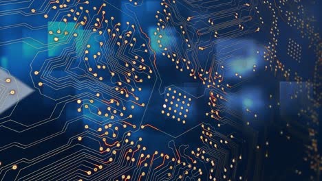 animación de las conexiones del microprocesador y múltiples iconos de flecha en movimiento sobre formas cuadradas azules