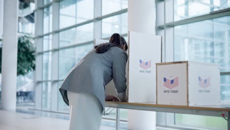 ballot, vote and woman writing at booth