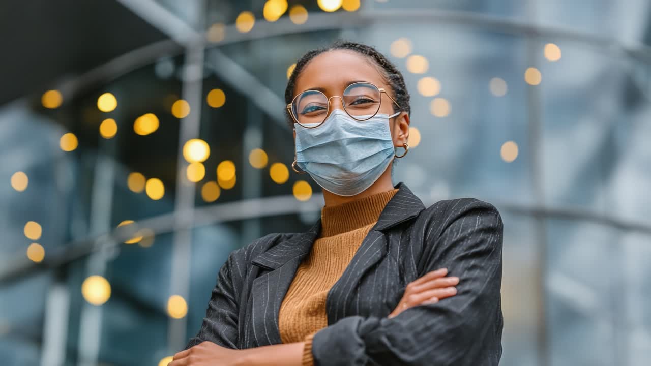 Confident Woman in Mask Standing Before Modern Background with Decorative Lights, Exuding Professionalism and Resilience Amidst New Norms of Daily Life