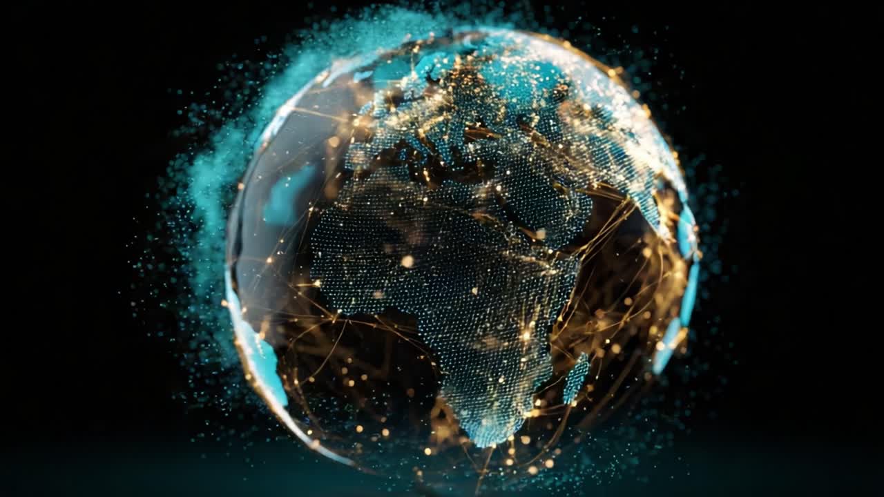 Futuristic planet Earth rotating in space with glowing city lights and a complex network of abstract data connections, representing global communication, technology, and interconnected business