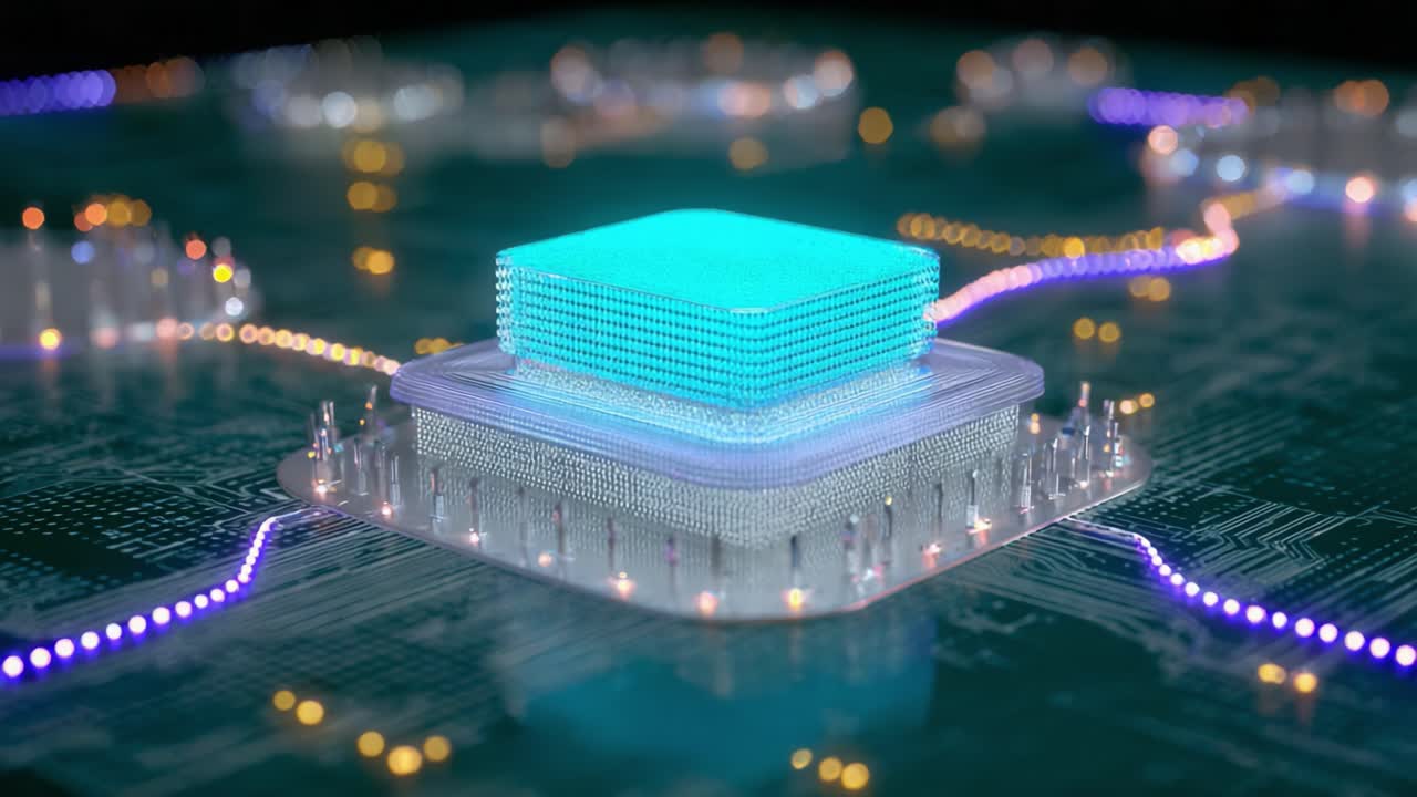 Futuristic quantum computer processor core analyzing and processing big data on an advanced circuit board with glowing light signals representing information flow and high technology concepts
